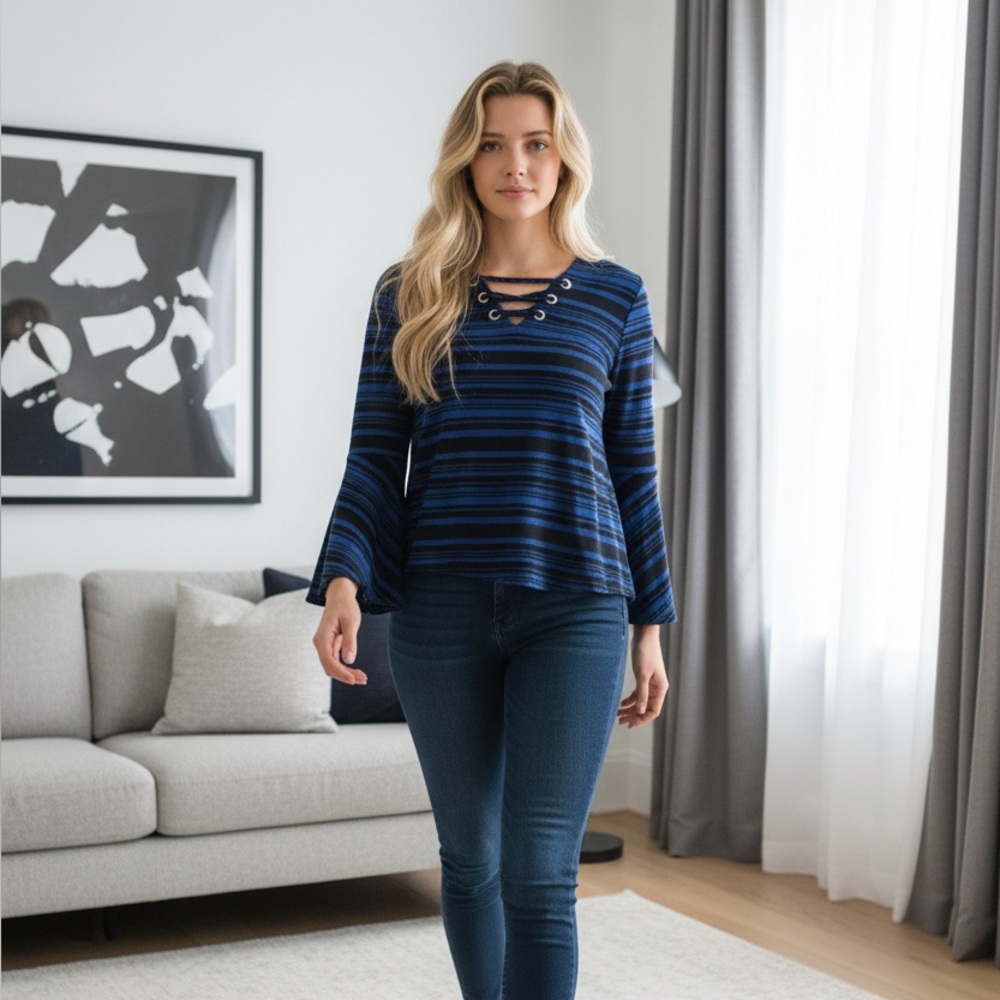 Michael Kors Blue and Black Striped Long Sleeve Top new with tags